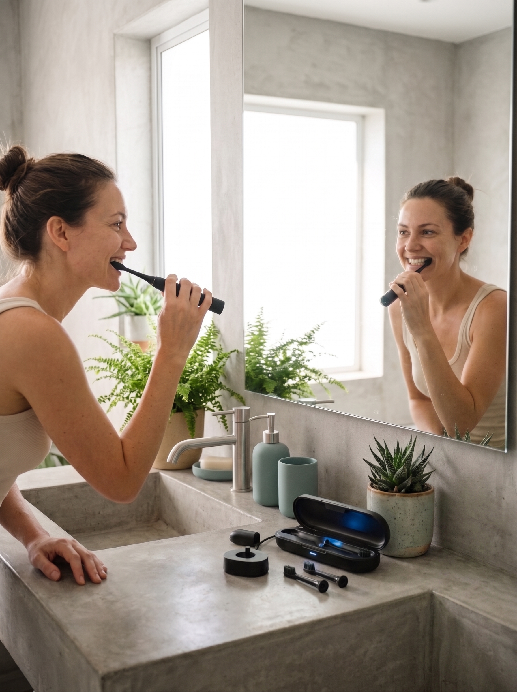 A woman smiling while brushing with AuraOne at her bathroom mirror
